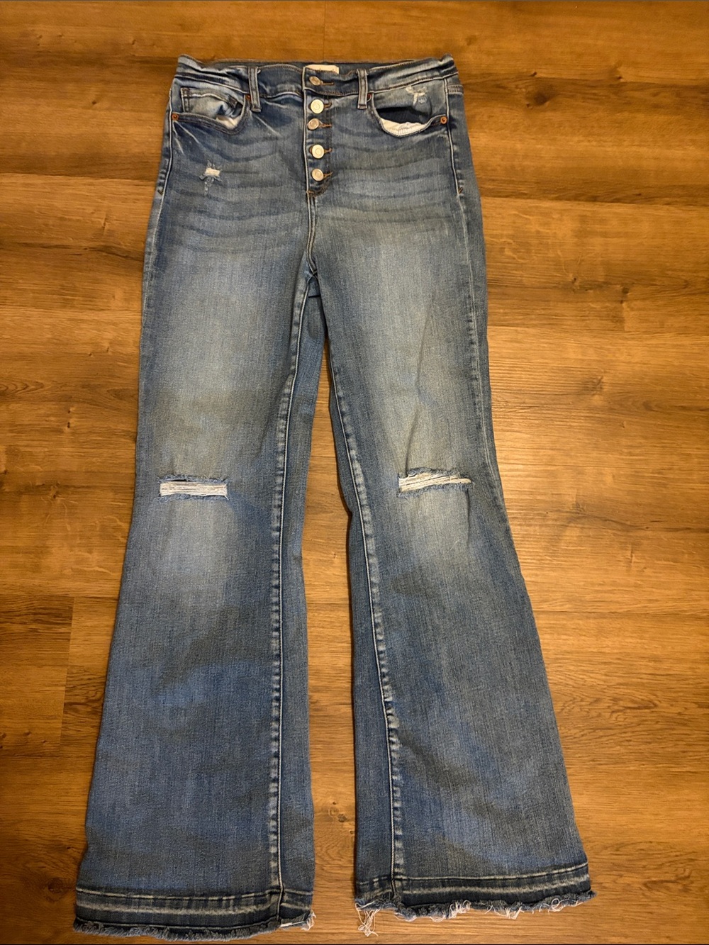 Sneak Peek Light Blue Distressed Button-Fly Flared Jeans